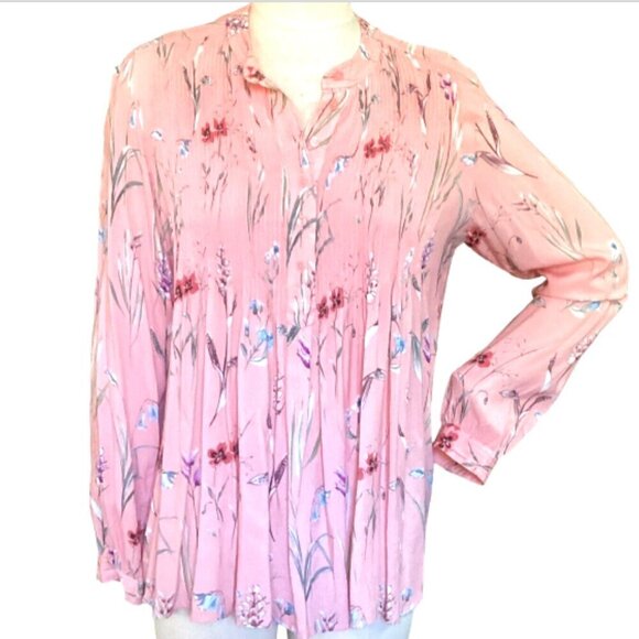 Sundance Floral Half-Button-Front Pinch Pleat Bodice Tunic Top Sz M Pink 108K - Picture 1 of 7